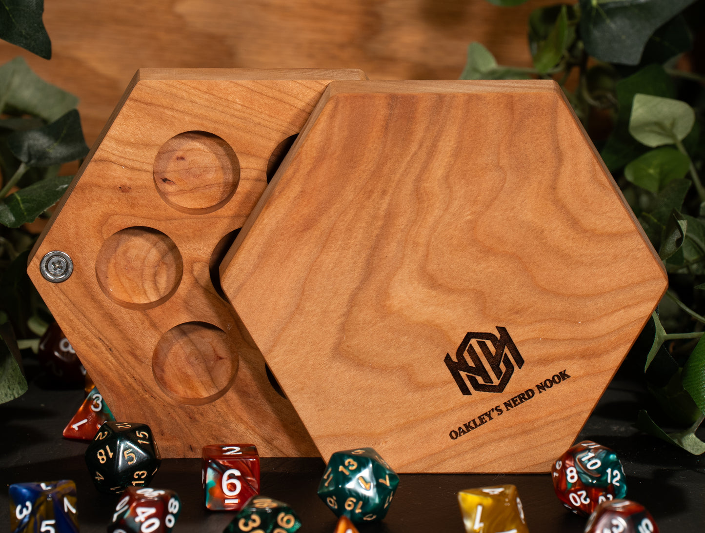 Octagon-shaped Cherry Wooden Click-Clack Haversack. Space for five individual dice in circular holes.