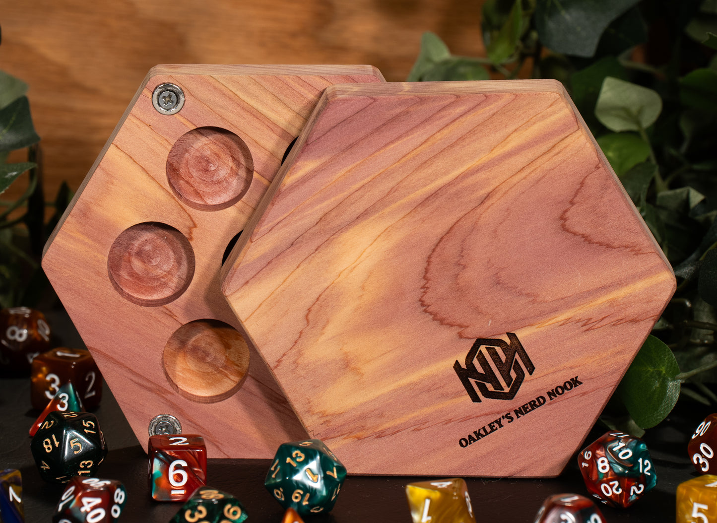 Octagon-shaped Red Cedar Wooden Click-Clack Haversack. Space for five individual dice in circular holes.