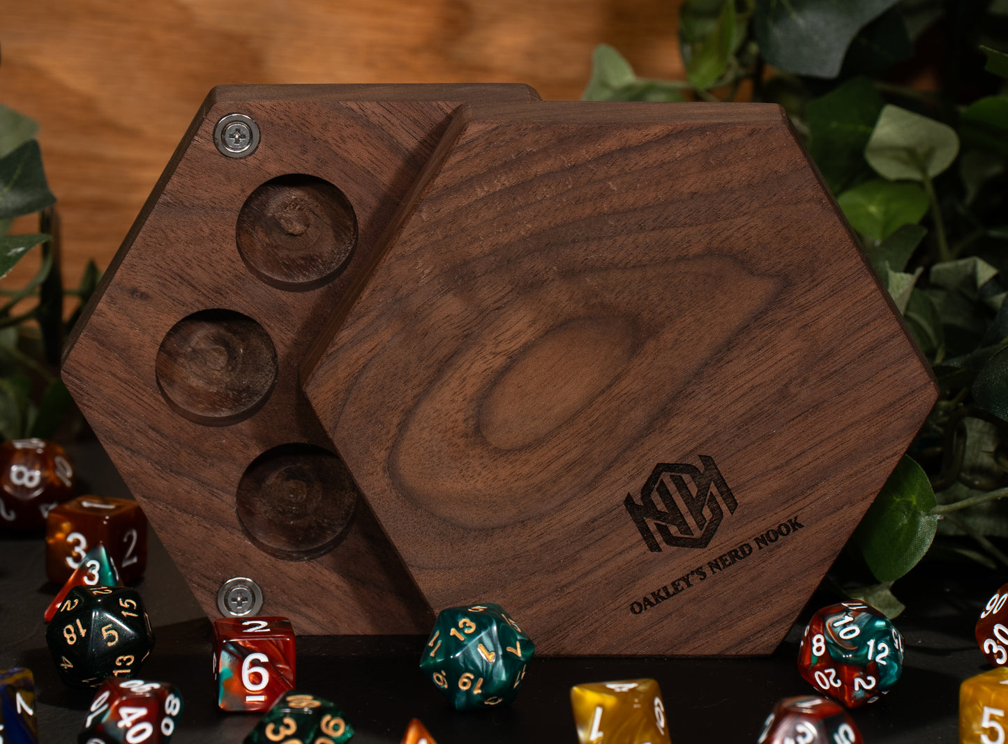 Octagon-shaped Walnut Wooden Click-Clack Haversack. Space for five individual dice in circular holes.