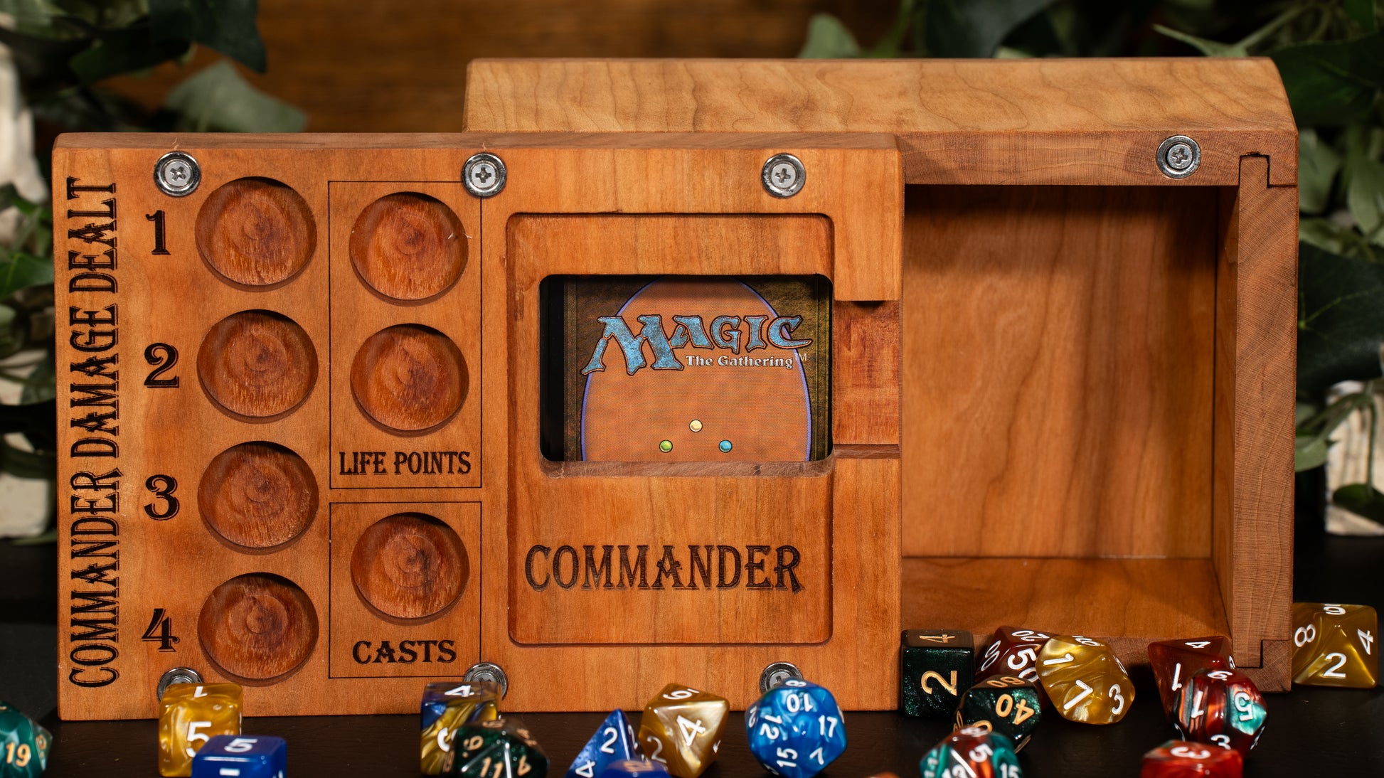 Cherry Wooden Magic the Gathering Commander Deck Box with a MTG deck inside of it. The box is open and you can see the wood grain inside of it.