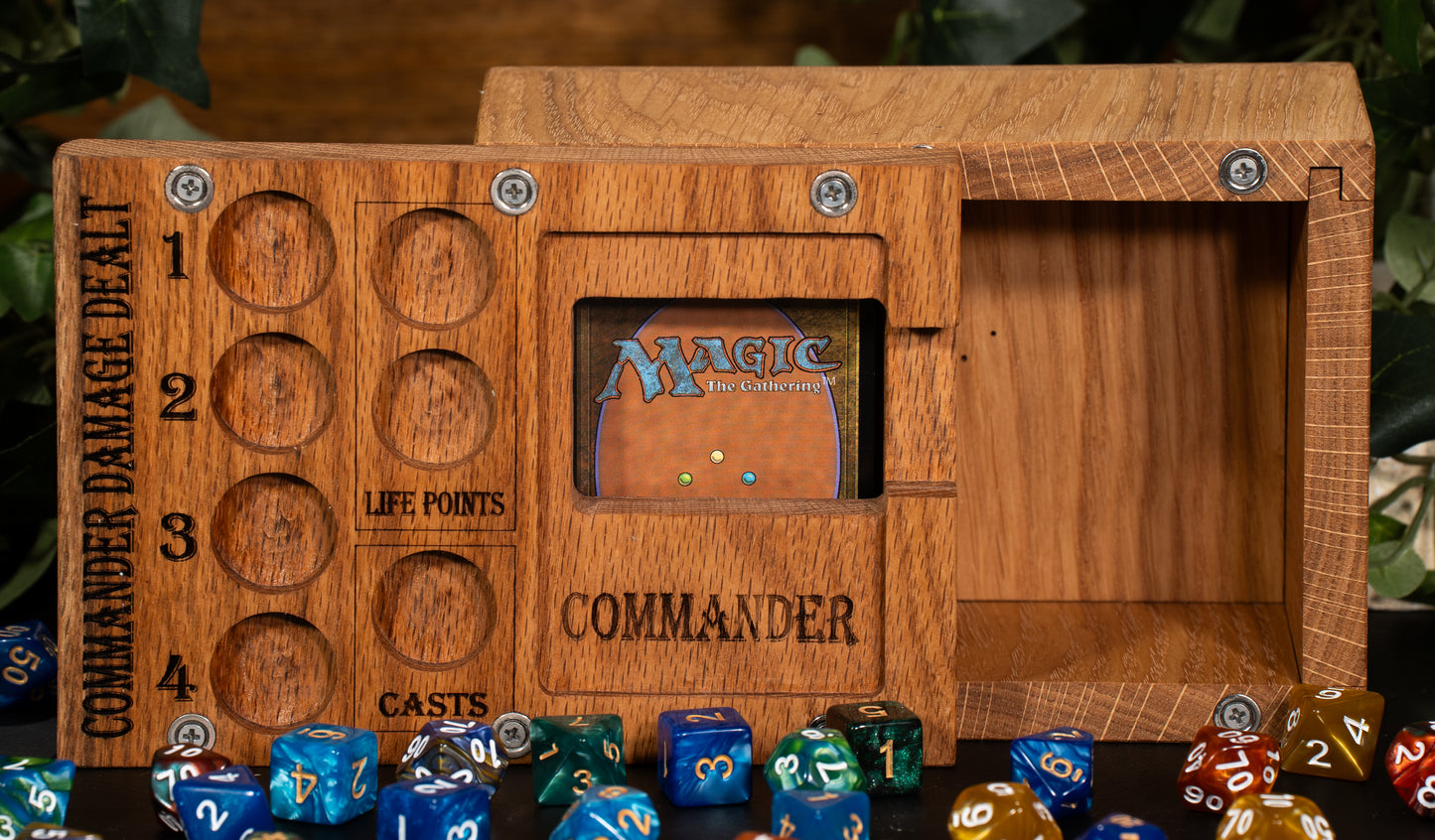 Red Oak Wooden Magic the Gathering Commander Deck Box with a MTG deck inside of it. The box is open and you can see the wood grain inside of it.