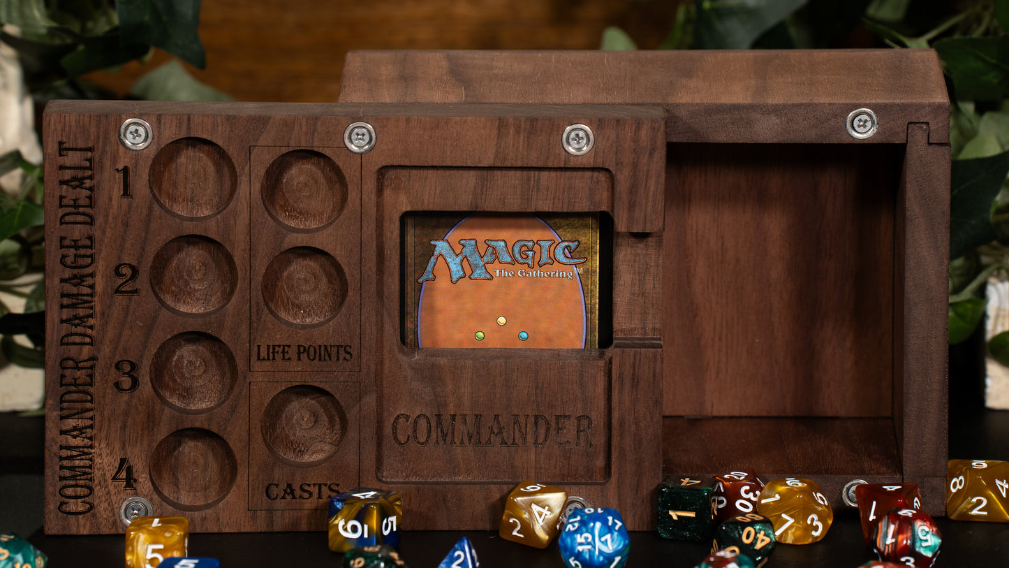 Walnut Wooden Magic the Gathering Commander Deck Box with a MTG deck inside of it. The box is open and you can see the wood grain inside of it.