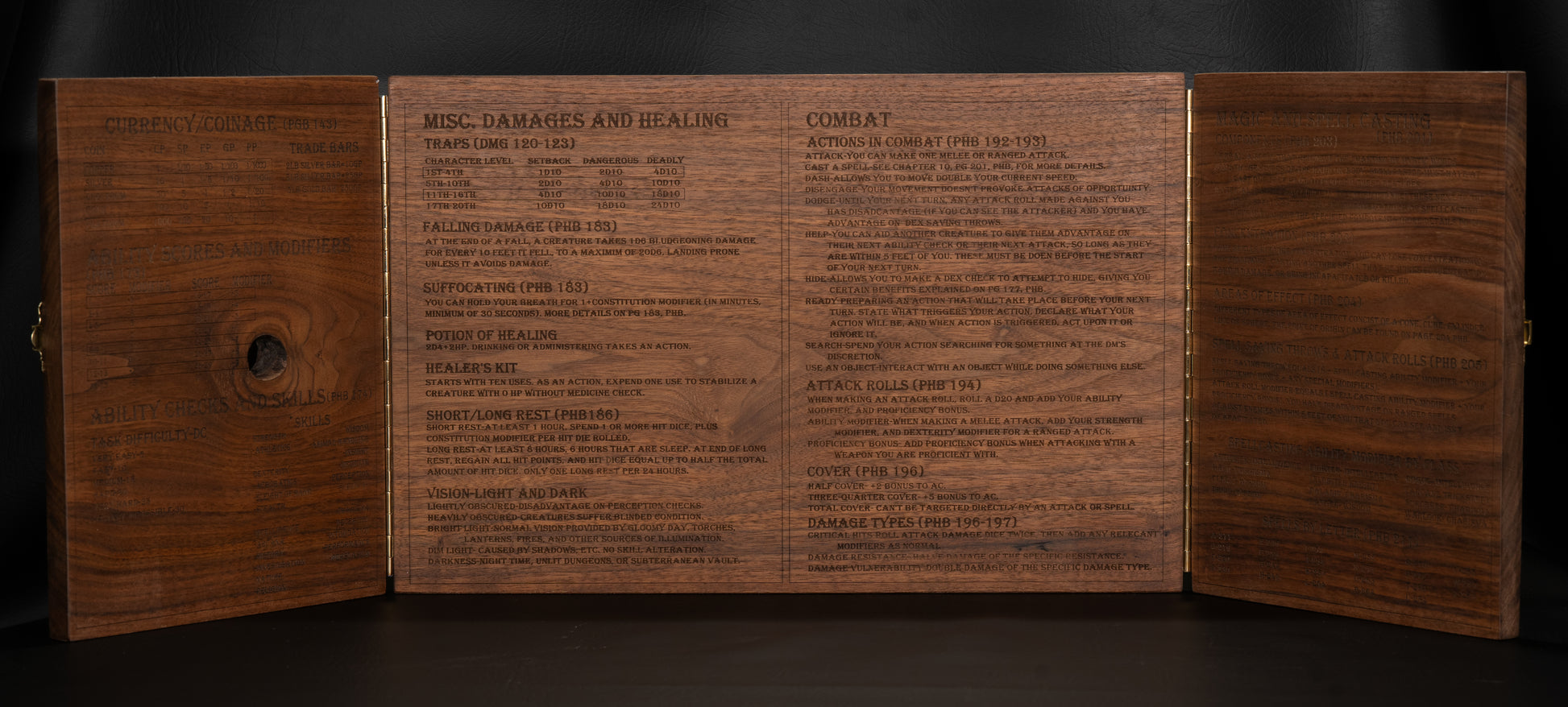 Walnut Wooden Game Master Screen Open with text imprinted inside of it. Sections of Currency/Coinage, Ability Checks, Misc. Damage, Combat, and more. Everything a dungeon master would need.