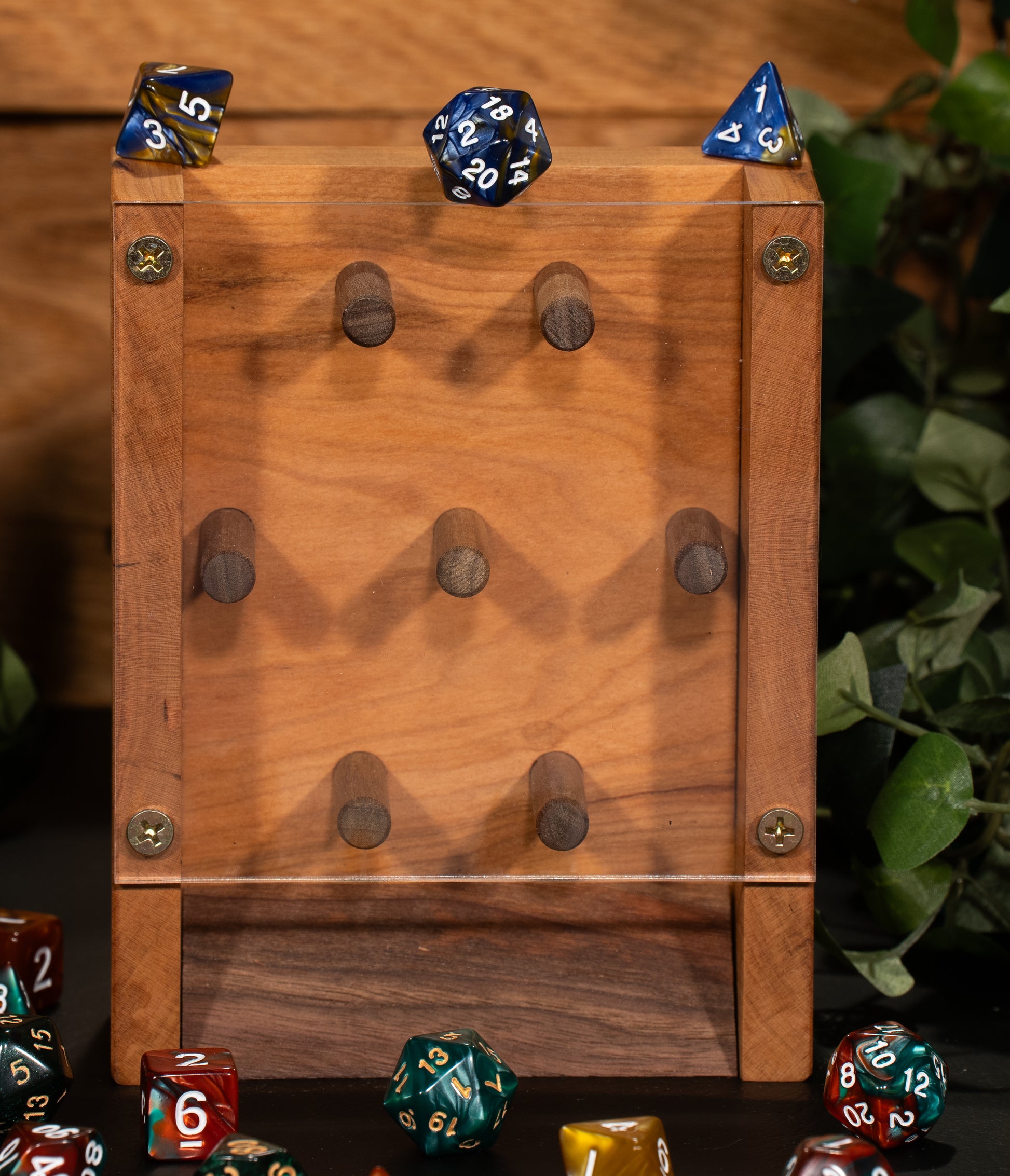 Cherry Wooden Dice Tower. Plexi-glass front with a wooden back and wooden pegs throughout for the dice to fall against.