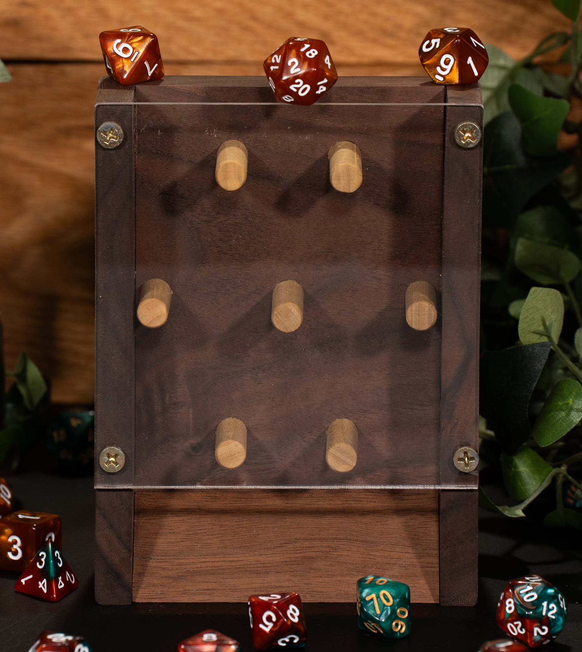 Walnut Wooden Dice Tower. Plexi-glass front with a wooden back and wooden pegs throughout for the dice to fall against.