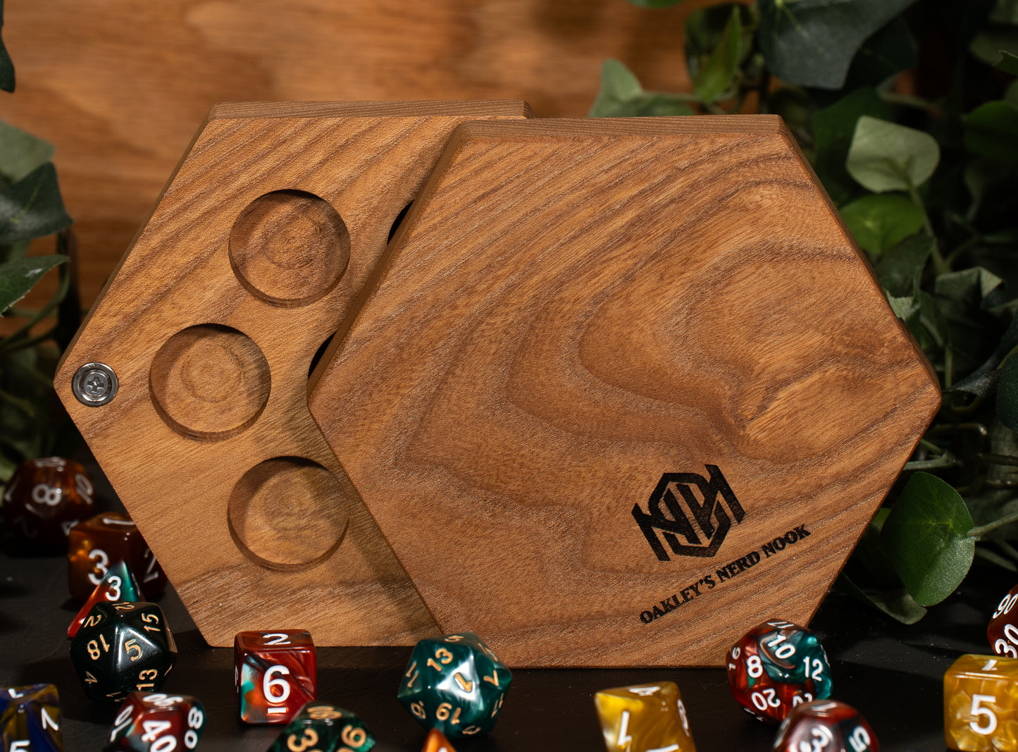 Octagon-shaped Elm Wooden Click-Clack Haversack. Space for five individual dice in circular holes. 