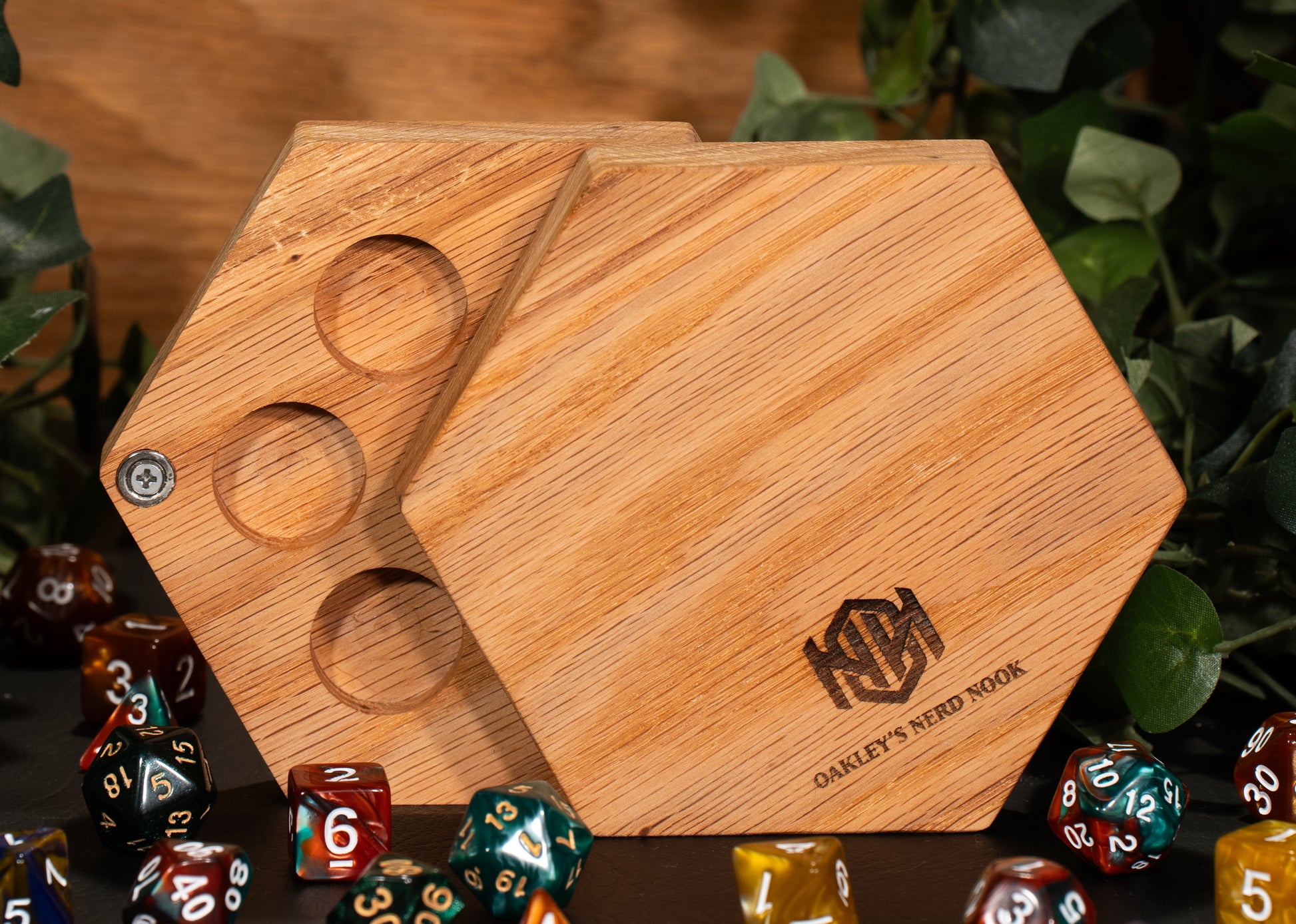 Octagon-shaped Red Oak Wooden Click-Clack Haversack. Space for five individual dice in circular holes. 