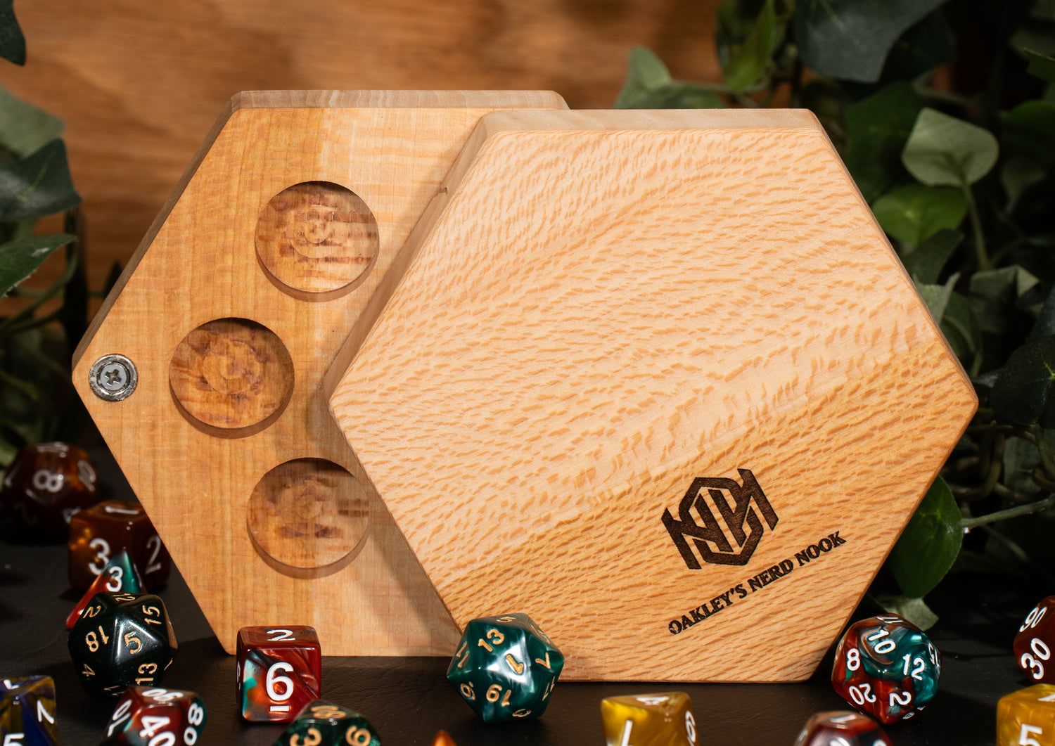 Octagon-shaped Sycamore Wooden Click-Clack Haversack. Space for five individual dice in circular holes. 